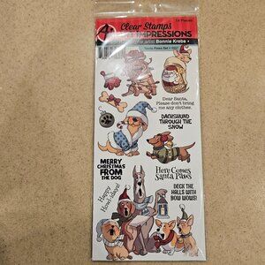 RARE CLEAR STAMPS ART IMPRESSIONS BONNIE KREBS DOG SANTA PAWS SET CRAFT STAMP